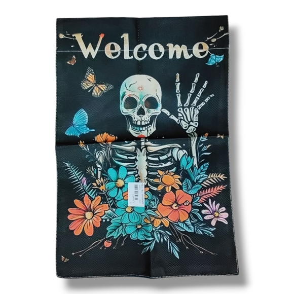 Whimsical All Season Skeleton Garden Woven Burlap Flag - Picture 1 of 14
